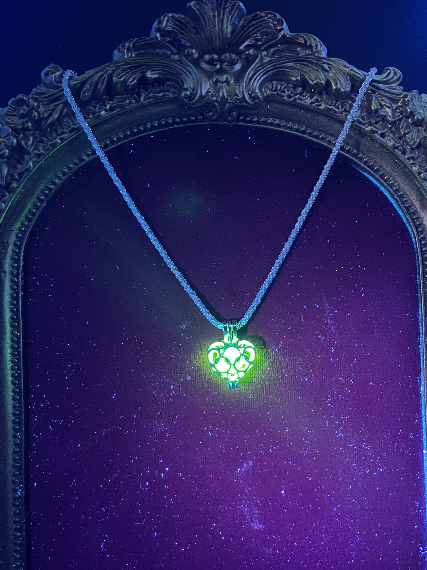 Silver Heart-shape Locket From Uranium Glass | Green UV Glowing Vaseline Glass Stone Inside The Pendant | Strong Silver Braided Chain