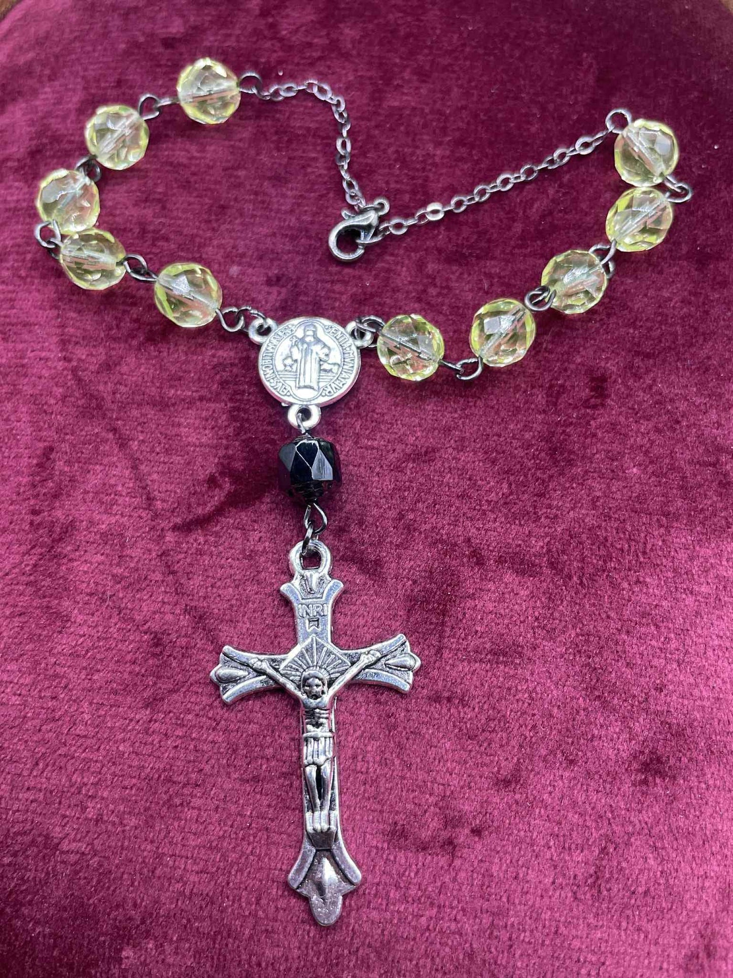 Glowing Small Uranium Glass Rosary (One-Decade) | Luminous Green Vaseline Beads | Pocket Prayer Ten-Beads | Handmade Spiritual Jewelry
