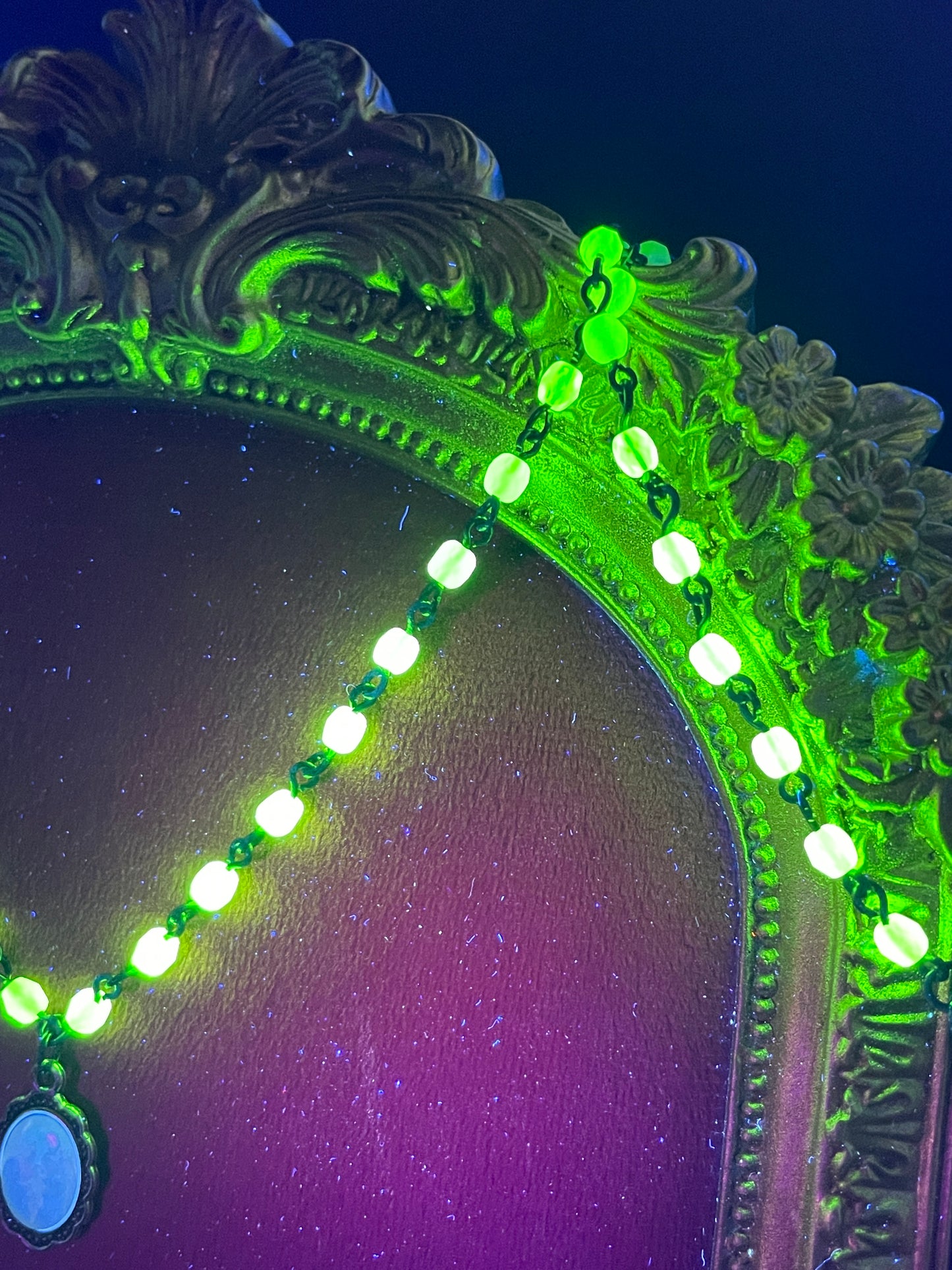 Uranium Glass Pendant Featuring Holy Family | Yellow Vaseline Jesus Christ Necklace | Black Metal Chain With 6mm Green Fire-polished Beads | Glows Under UV Light
