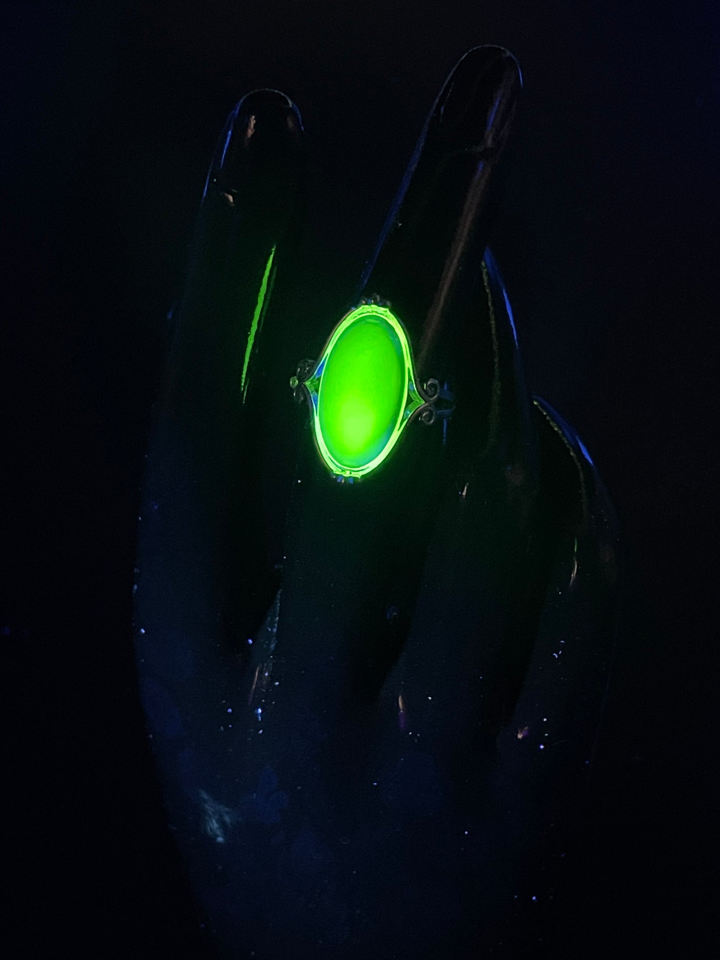 Uranium Glass Long Oval Ring (size 7) | Beautiful Silver Decorative Frame | It Glows Green Under UV Light | Handcrafted Vaseline Glass Jewelry