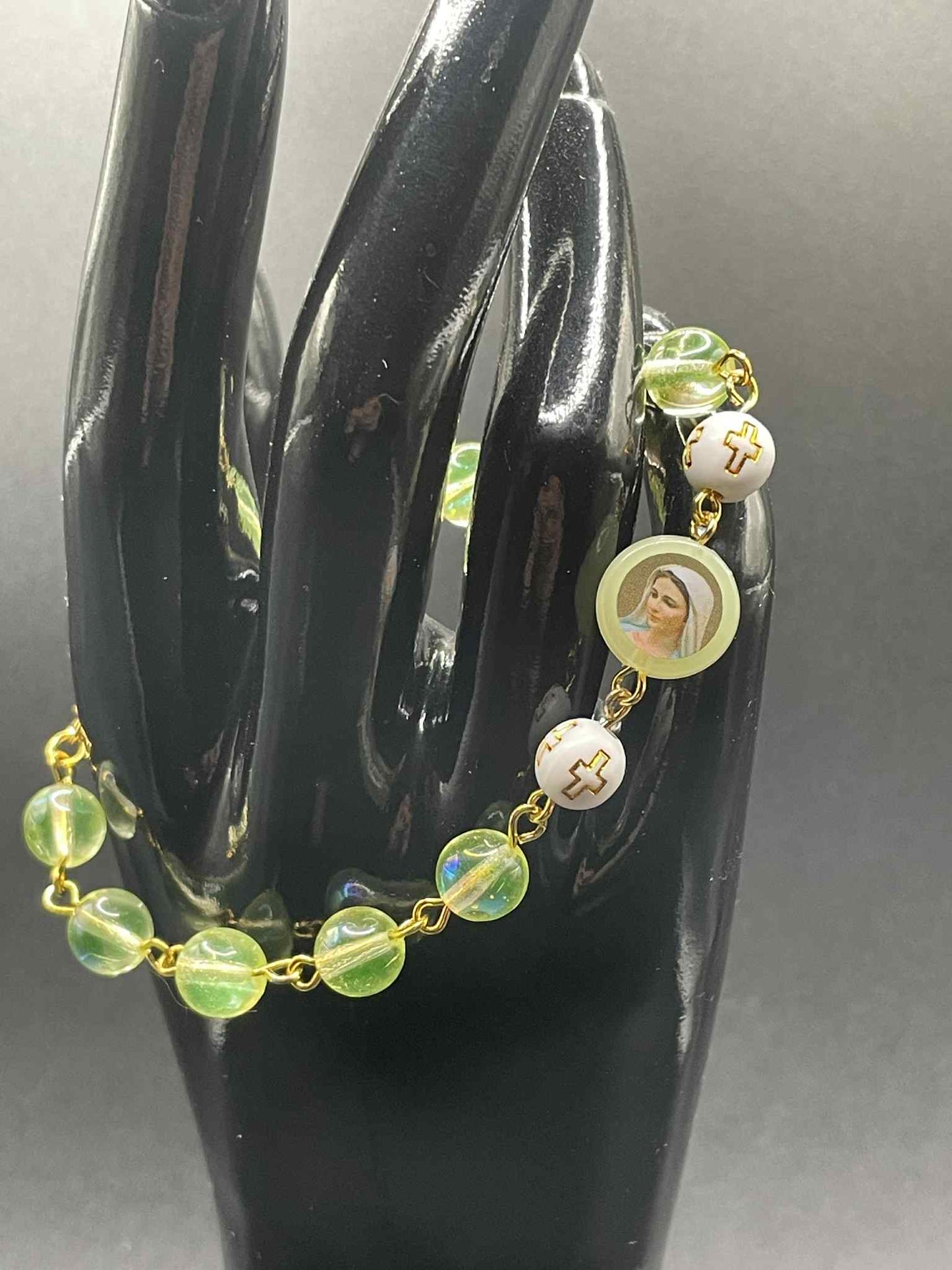 Uranium Glass Religious Bracelet | Yellow Vaseline Glass with Jesus & Virgin Mary Saints | White Beads with Gold Cross | Glows Green Under UV Light | Spiritual Jewelry