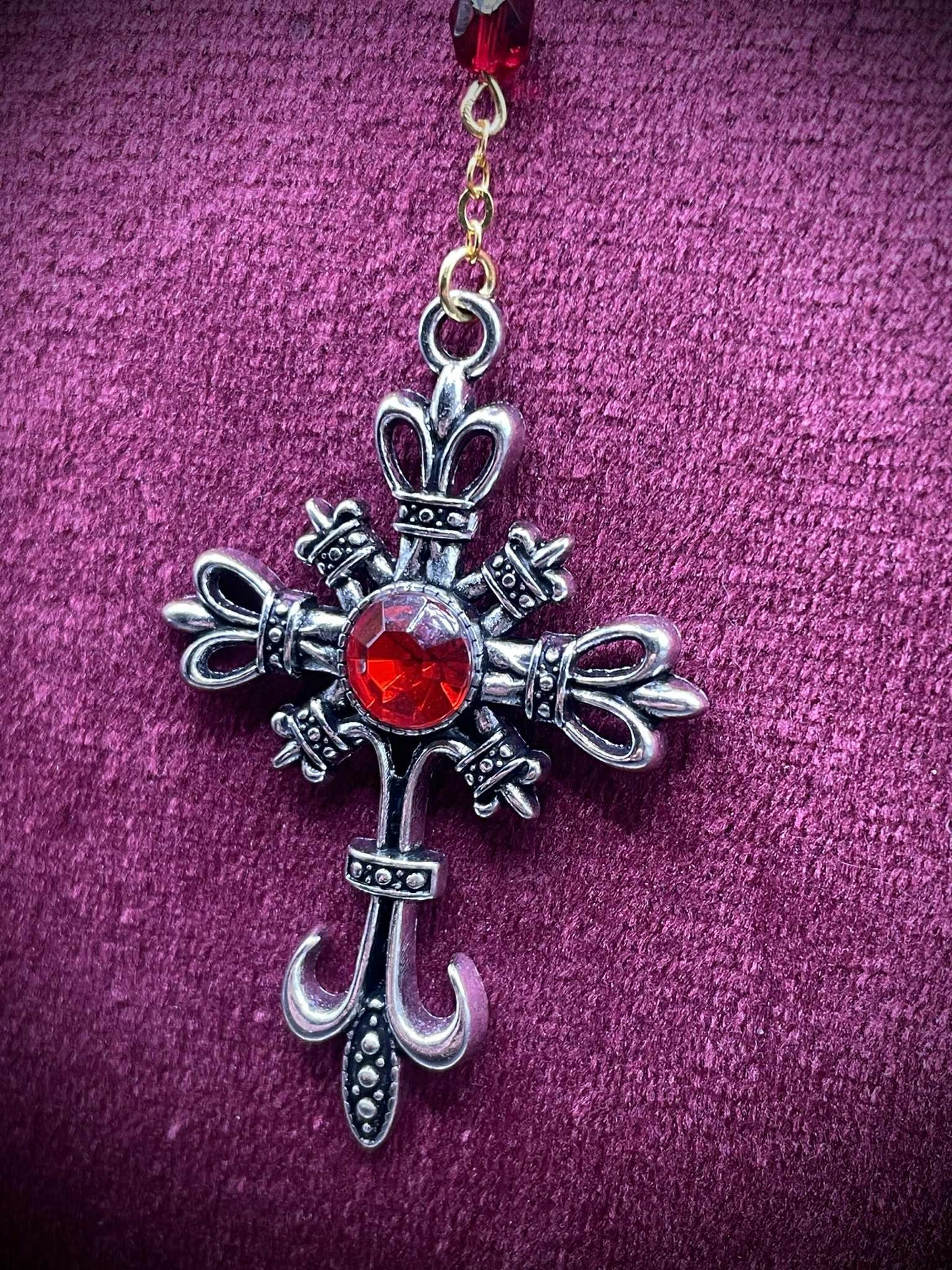 Uranium Glass (Crimson-Red) Gothic Rosary | Dark Witchy Necklace From Yellow Vaseline Glass | Glows Under UV Light | 4mm Fire-Polished Beads