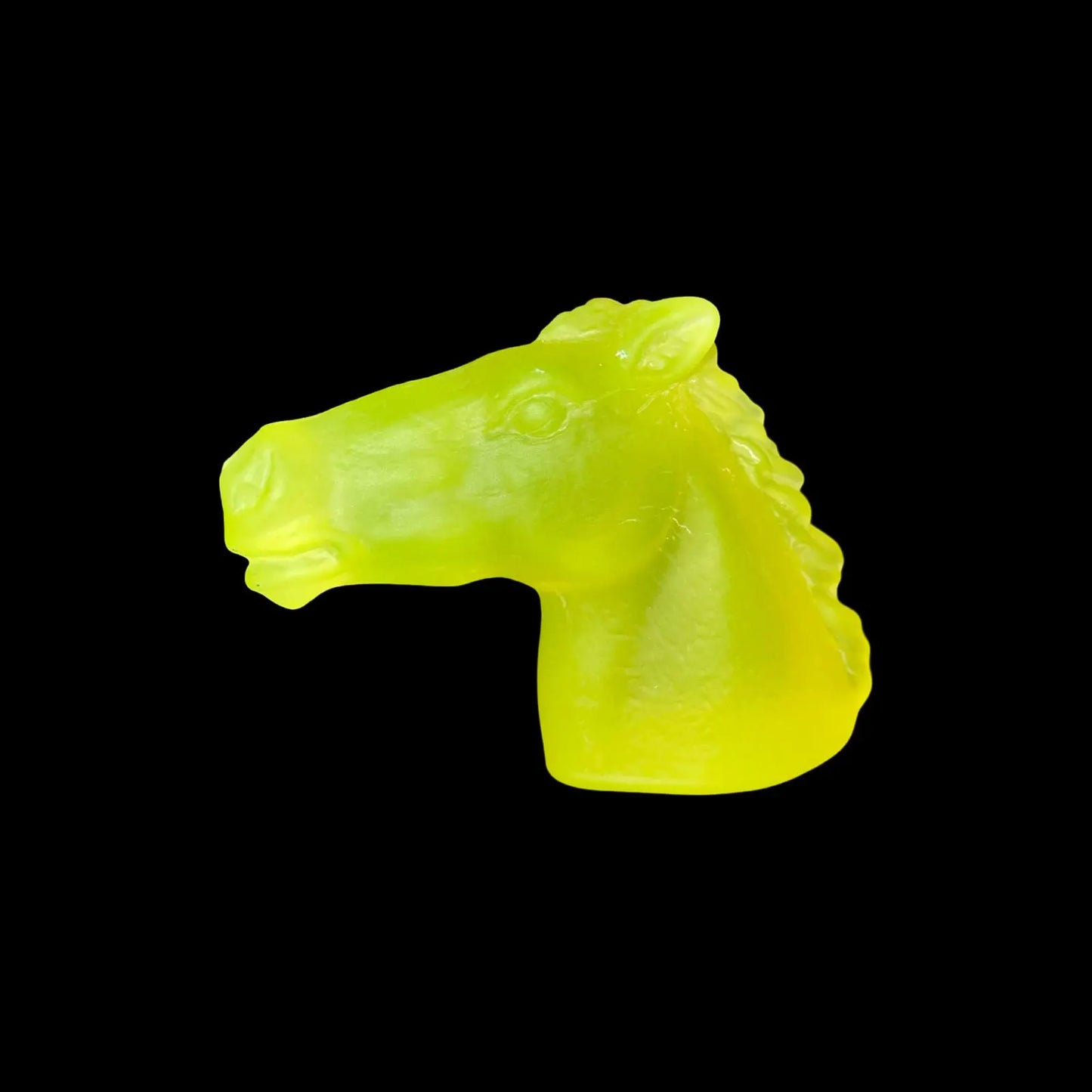 Glowing Uranium Glass Horse Figurine | Matte Yellow Vaseline Animal Statue | UV Reactive Depression Glass | Art Deco Collector’s Piece