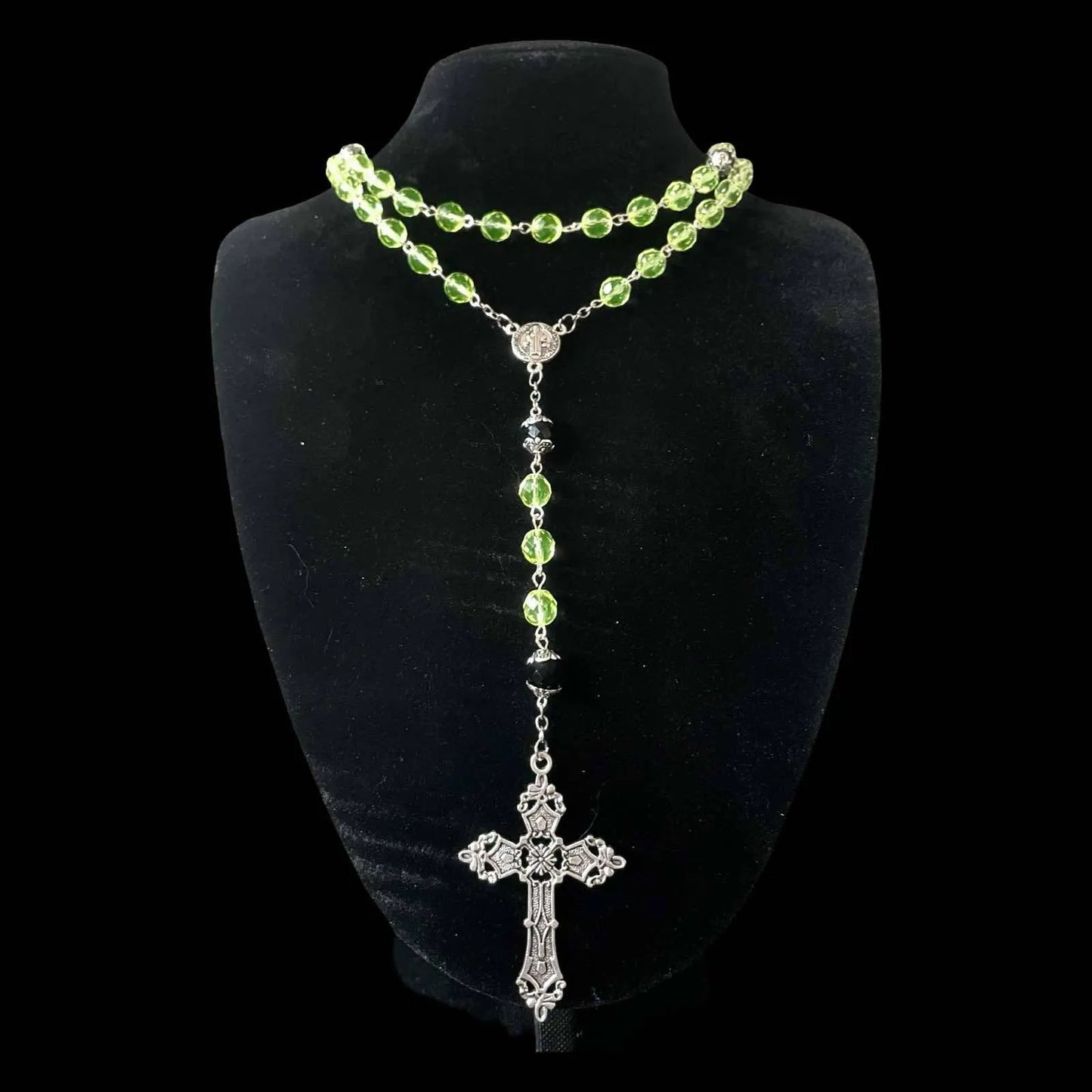 Uranium Glass Rosary Necklace Featuring 59 Vaseline Beads | Gothic Catholic Jewelry with St. Benedict Medal & Ornate Cross | Glows Brightly Under UV Light for Faith and Prayers