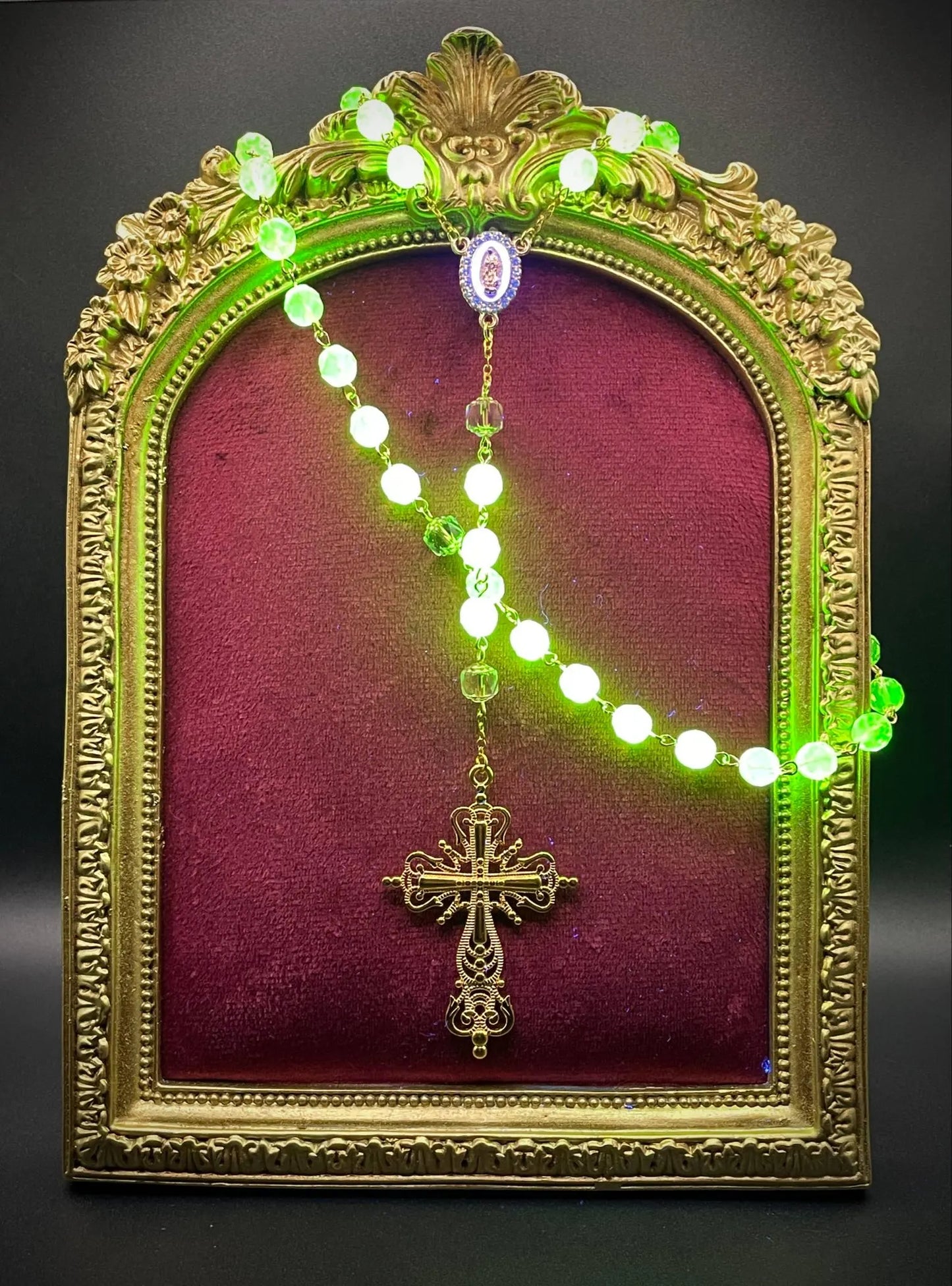 Pink Rose Gold Gothic Rosary Necklace with Uranium Vaseline Glass – 59 Beads Catholic Crucifix Glowing Under UV