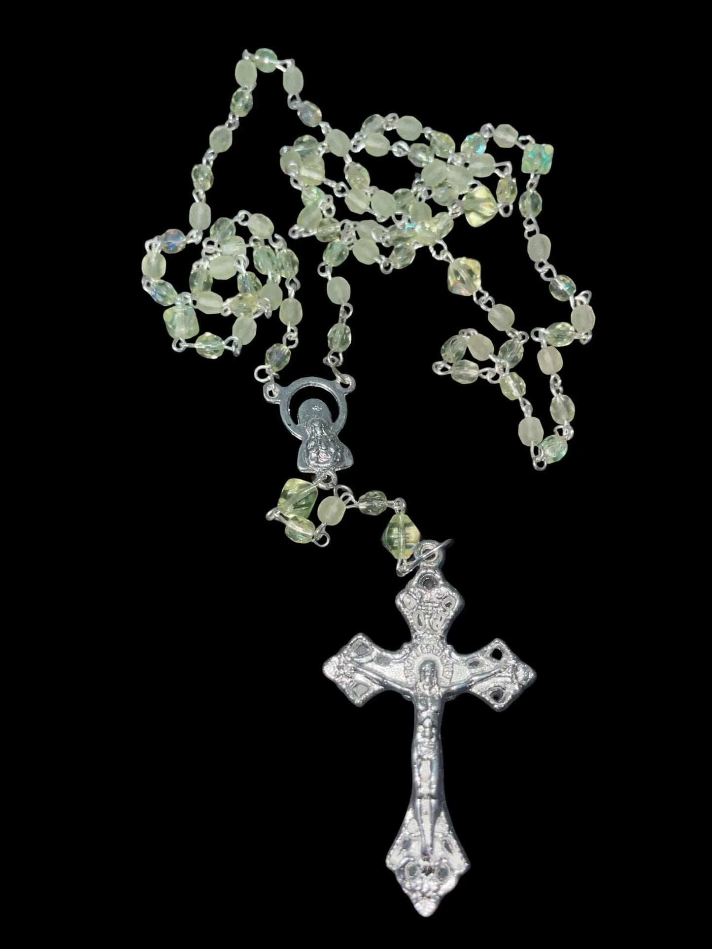 Glowing Rosary Necklace Made from Uranium Glass – Features Virgin Mary Medal and Jesus Crucifix | UV Reactive Catholic Prayer Jewelry