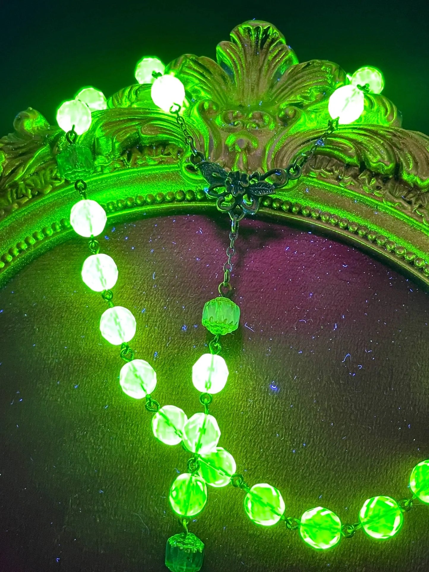 Uranium Glass Jesus Rosary with Green Fire-Polished Beads | Vaseline Bronze Necklace & Green-Black Crucifix | Radiant Glow Under UV Light