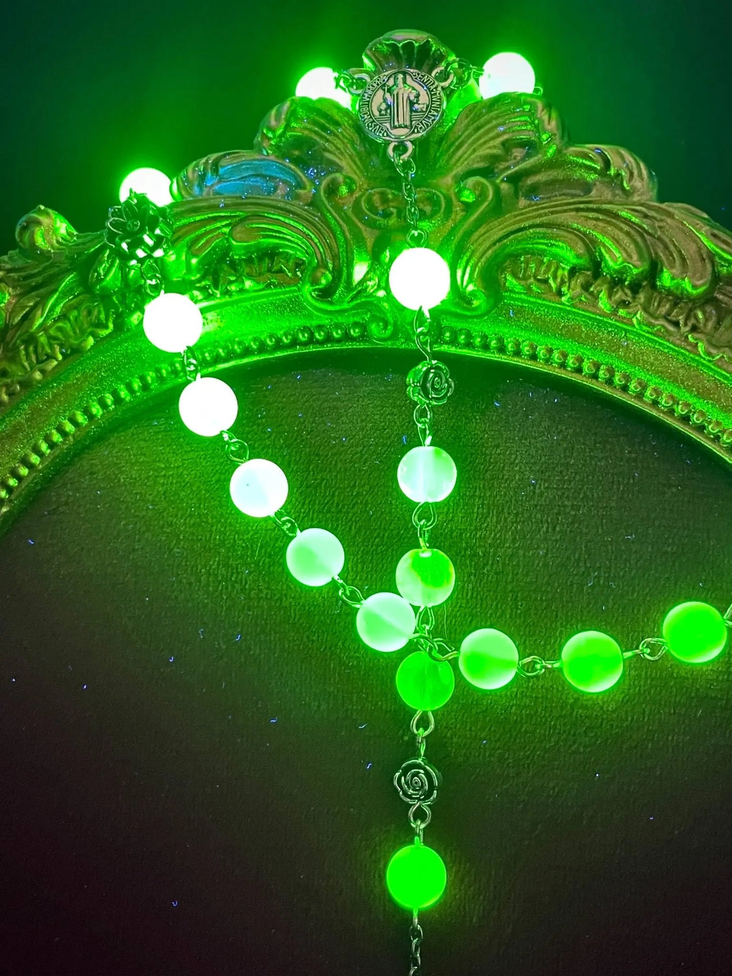 Yellow Vaseline Uranium Glass Rosary with Gothic Floral Amulet – Lotus & Rose Design Glowing Under UV Light