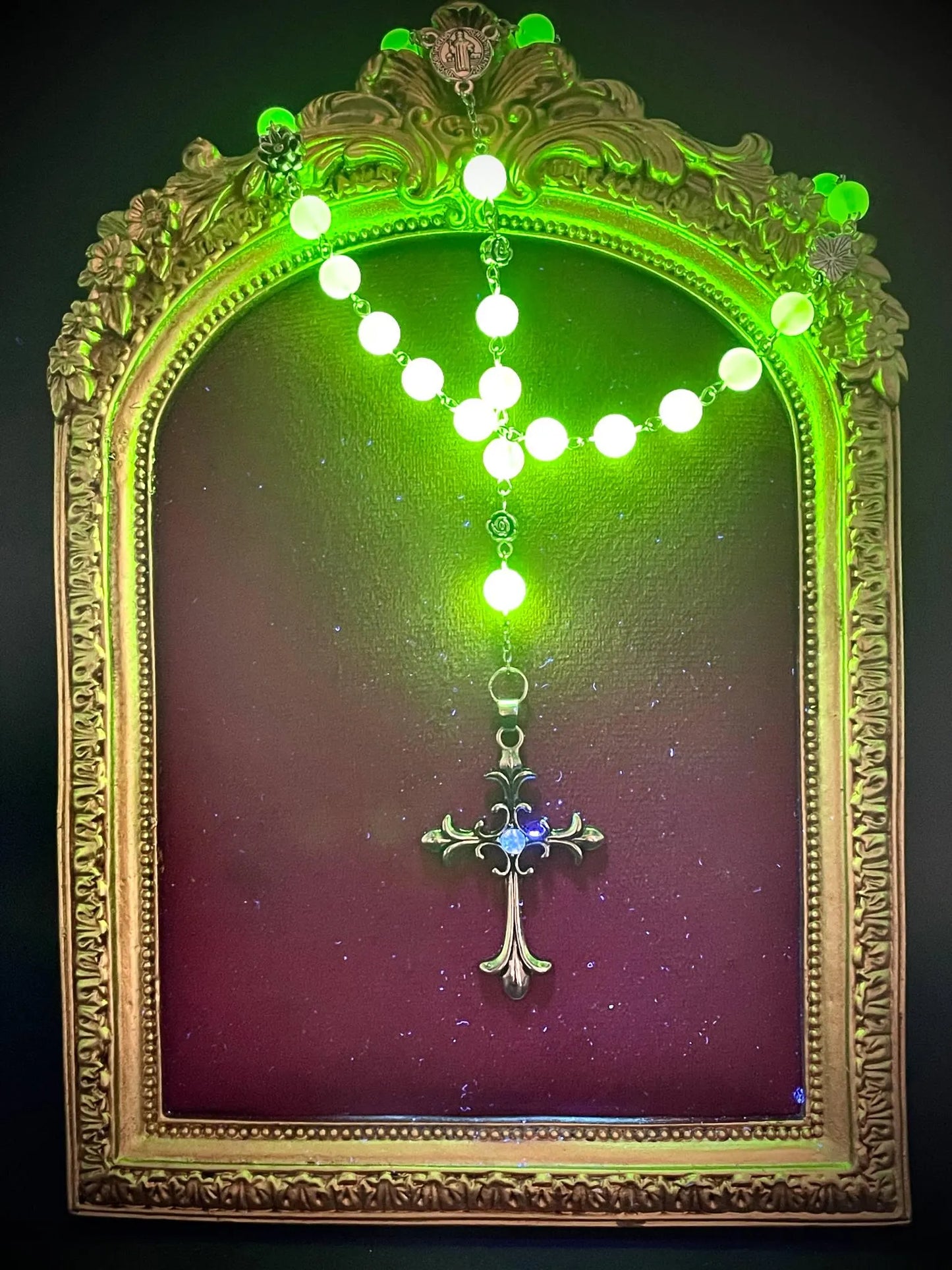 Yellow Vaseline Uranium Glass Rosary with Gothic Floral Amulet – Lotus & Rose Design Glowing Under UV Light