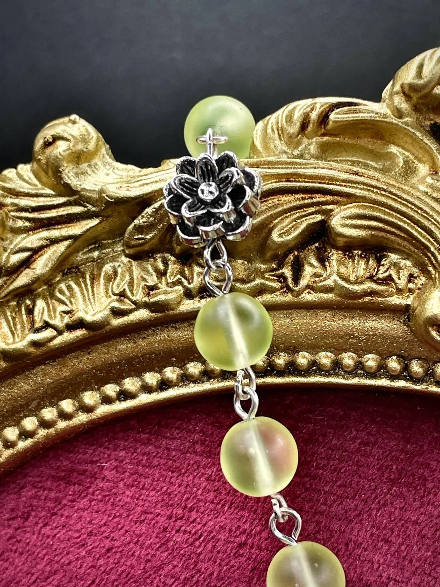 Yellow Vaseline Uranium Glass Rosary with Gothic Floral Amulet – Lotus & Rose Design Glowing Under UV Light