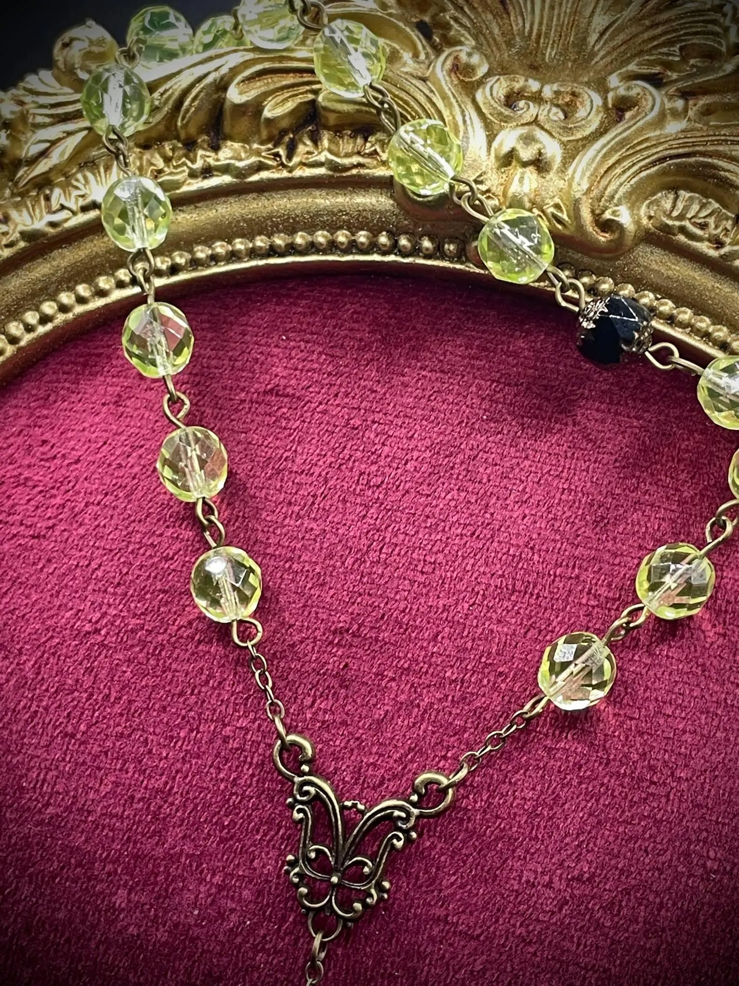 Dark Bronze Gothic Rosary Necklace Made of Uranium Vaseline Glass – 59-Beads Catholic Crucifix Glowing Under UV Light