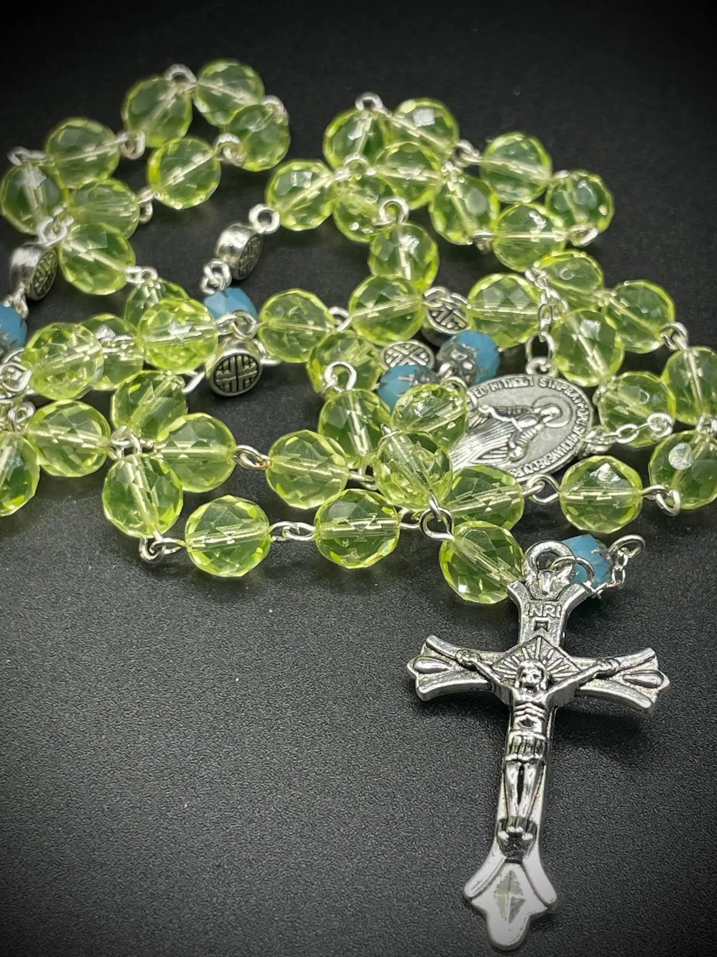 Blue Fire-Polished Uranium Glass Rosary Necklace | Yellow Vaseline Jewelry with Virgin Mary Medal & Silver Details | UV Light Reactive Catholic Beads