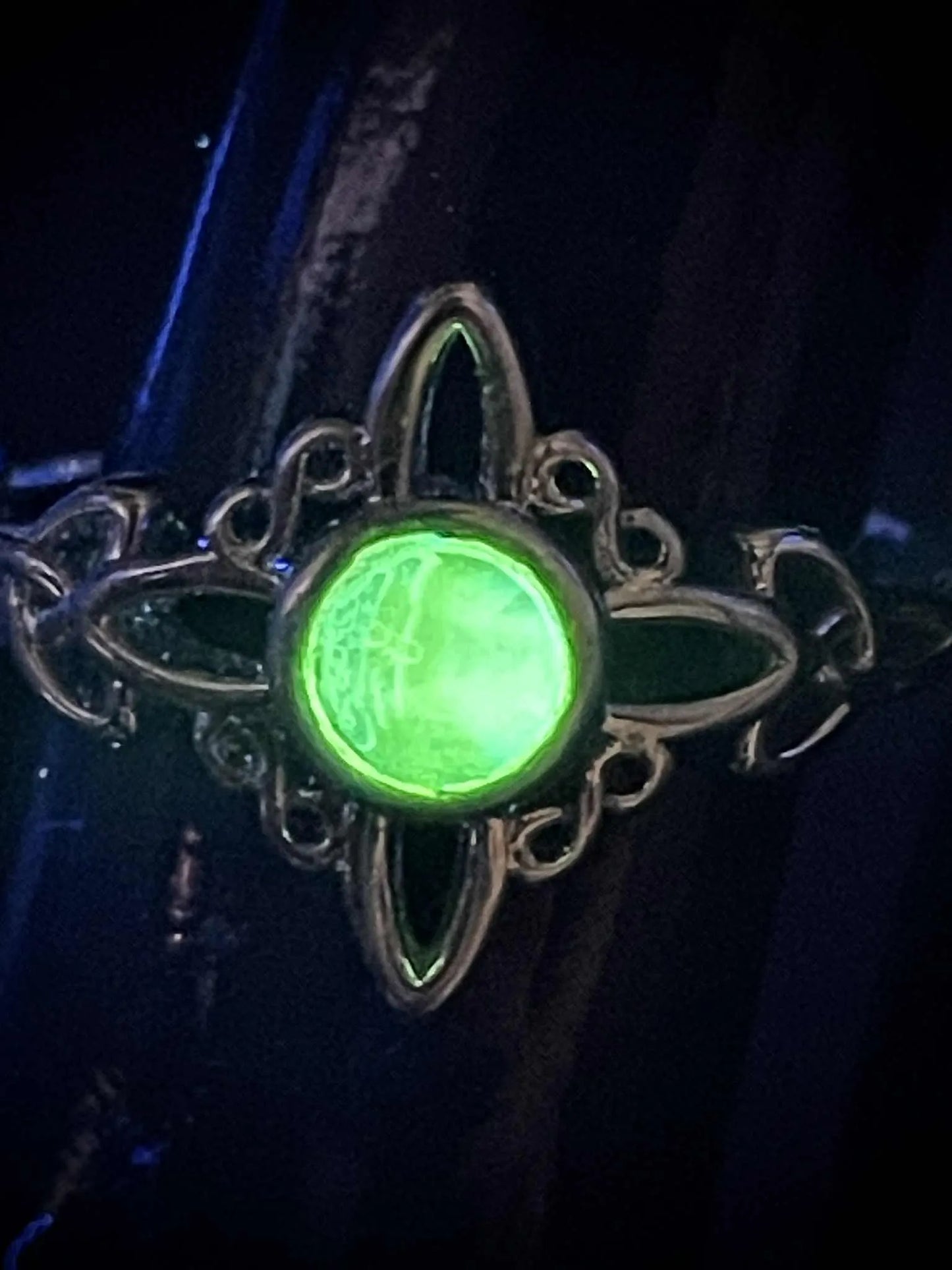 Faceted Uranium Glass Ring (Size 7) with Moon & Star Motif | Glowing Yellow Vaseline Stone Under UV Light | Handmade Silver Statement Jewelry