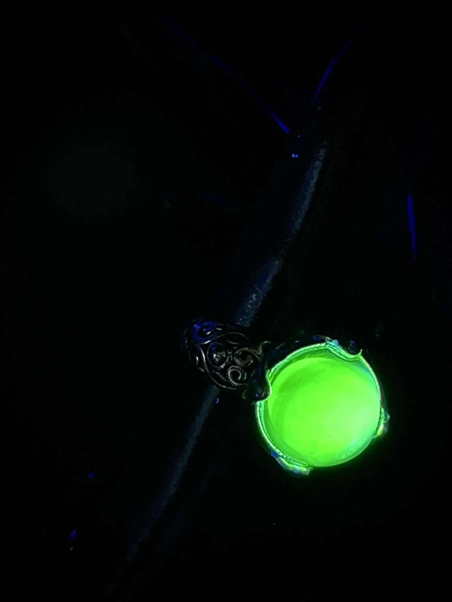 Adjustable Uranium Glass Pearl Ring | Rounded Yellow Vaseline Ball Glows Green Under UV Light | Handmade Silver Luminous Jewelry Piece