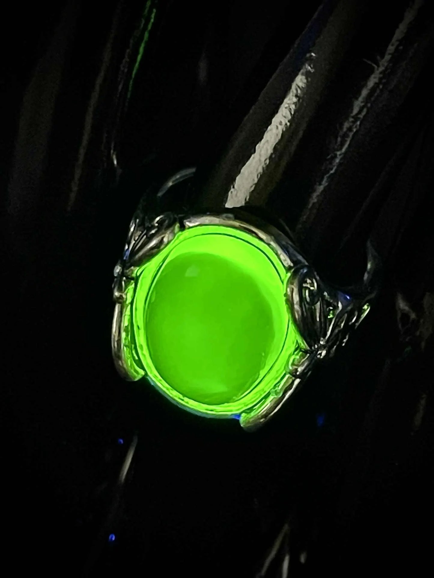 Adjustable Uranium Glass Ring with Floral Design | Yellow Vaseline Oval Glowing Jewelry in Silver Setting | Emits Green Light Under UV Exposure