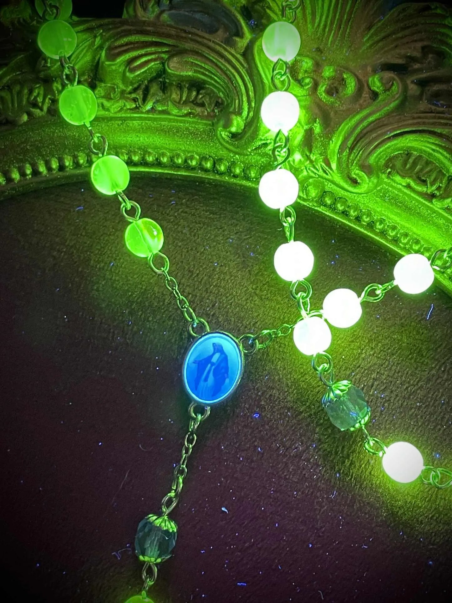 Silver-Blue Uranium Glass Rosary Necklace | Yellow Vaseline Catholic Jewelry | Glows Brightly Under UV Light | Features Saint Mary Centerpiece