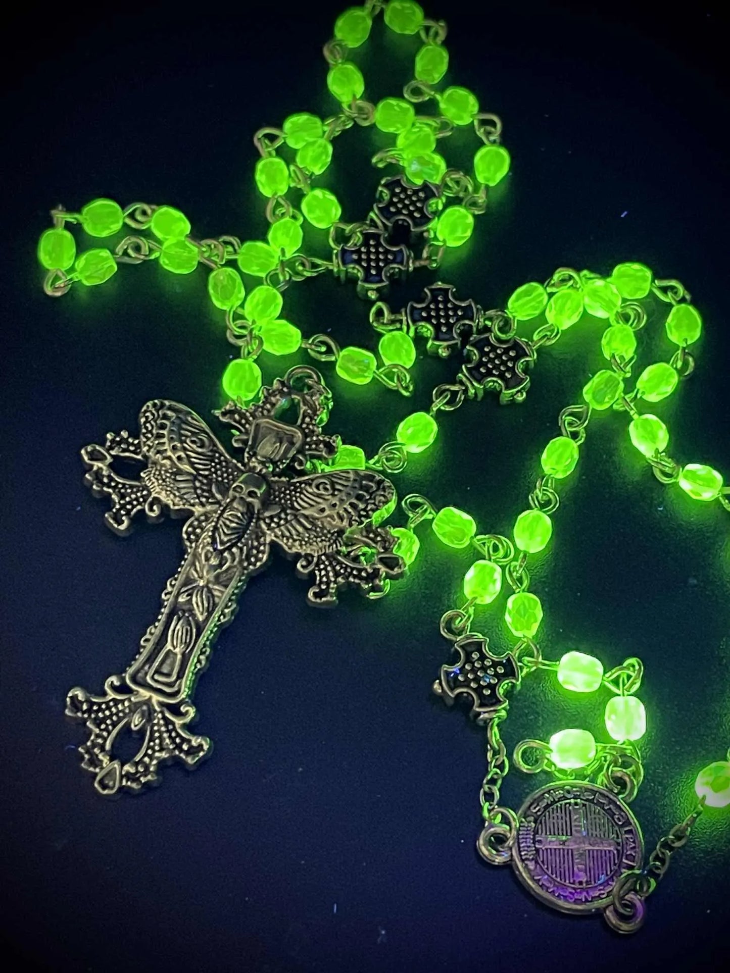 Uranium Glass (Moth) Rosary Necklace | Death's-head Hawk-moth Crafted from Yellow Vaseline Glass | Glows Brightly Under UV Light | 59 Beads with Crucifix