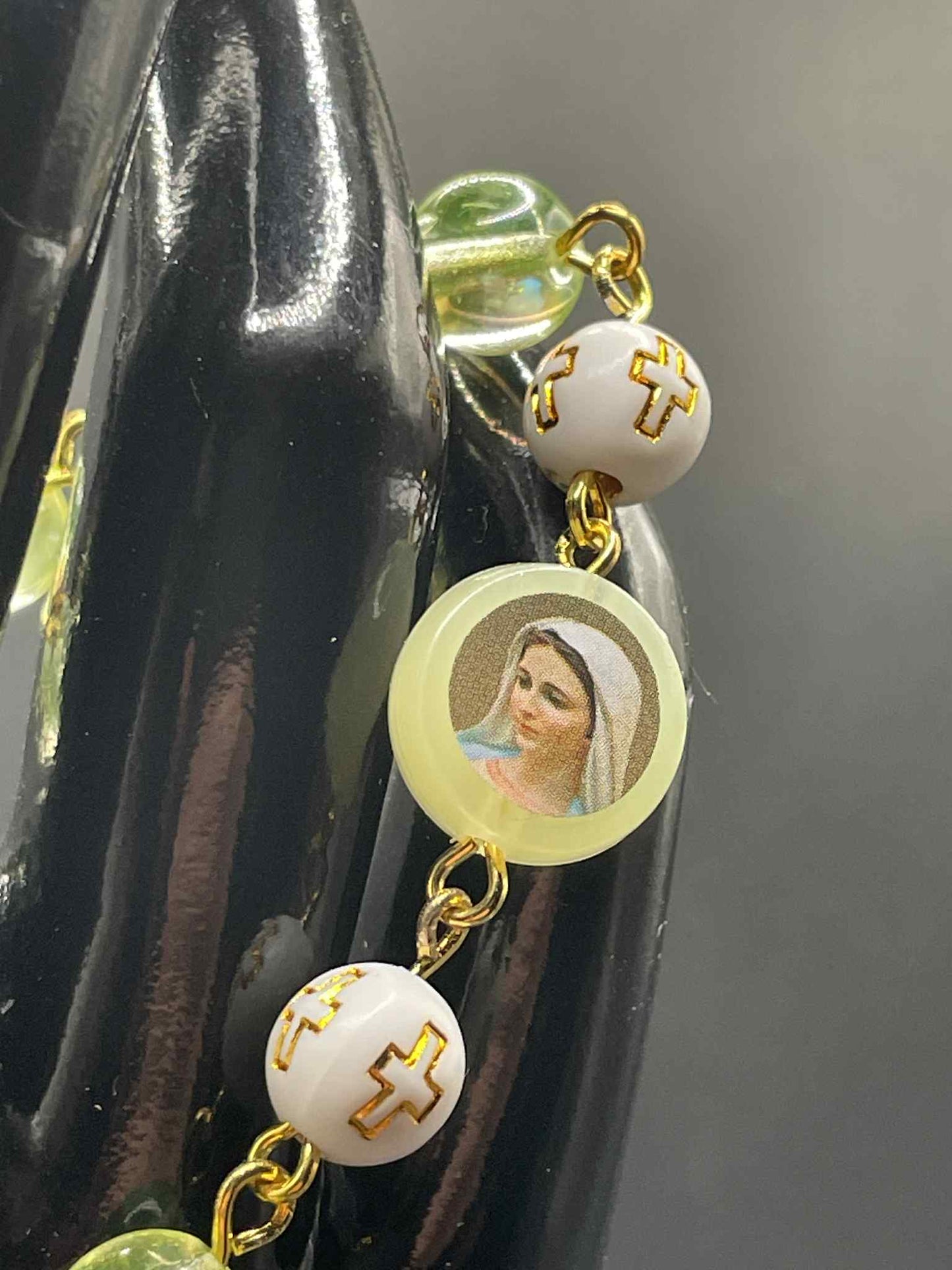 Uranium Glass Religious Bracelet | Yellow Vaseline Glass with Jesus & Virgin Mary Saints | White Beads with Gold Cross | Glows Green Under UV Light | Spiritual Jewelry