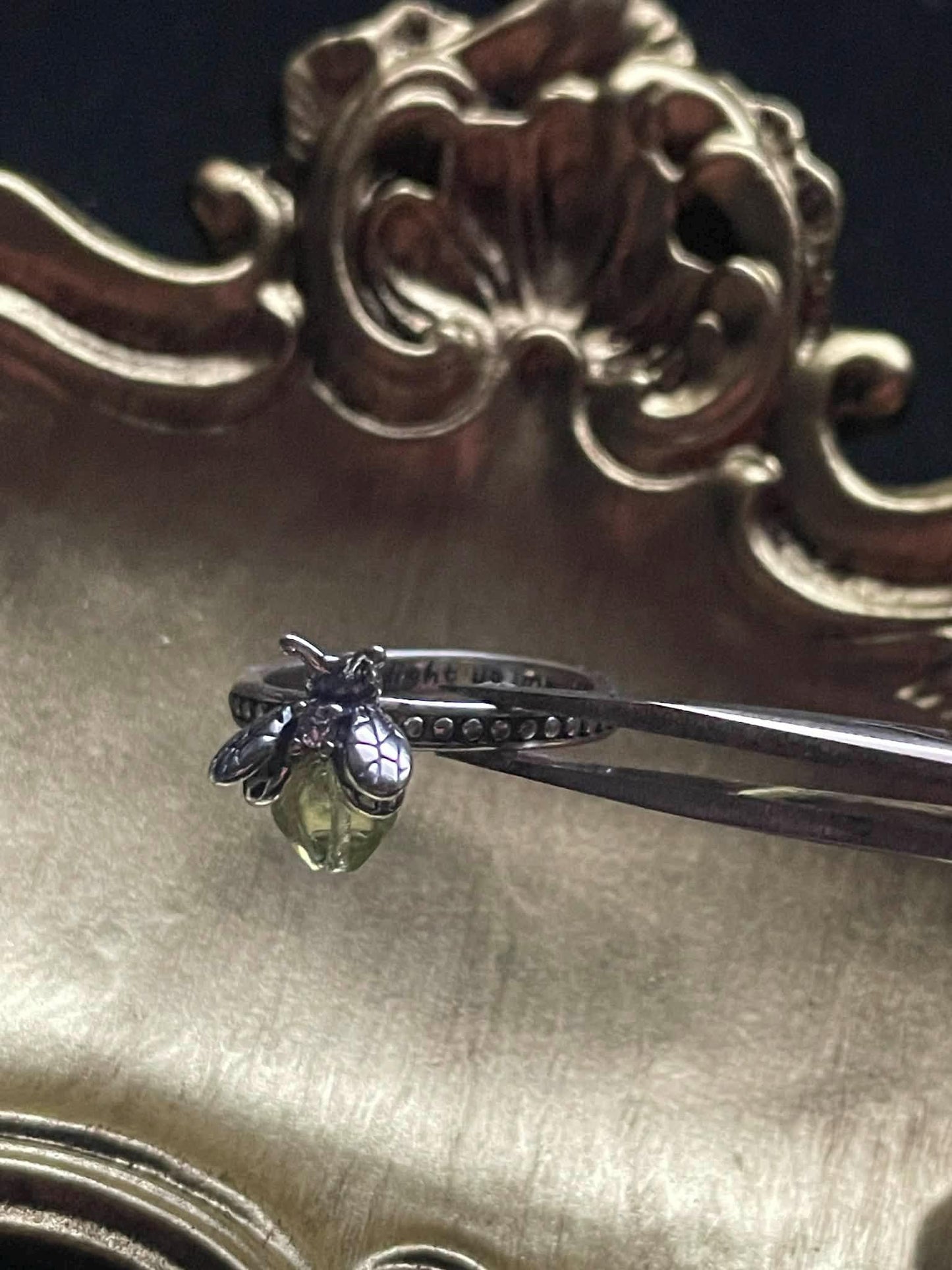 Uranium Glass (Firefly) Ring | Yellow Vaseline Bug Jewelry | It Glows Neon Green Under UV Light | Metallic Glow-In-The-Dark Luminous Insect