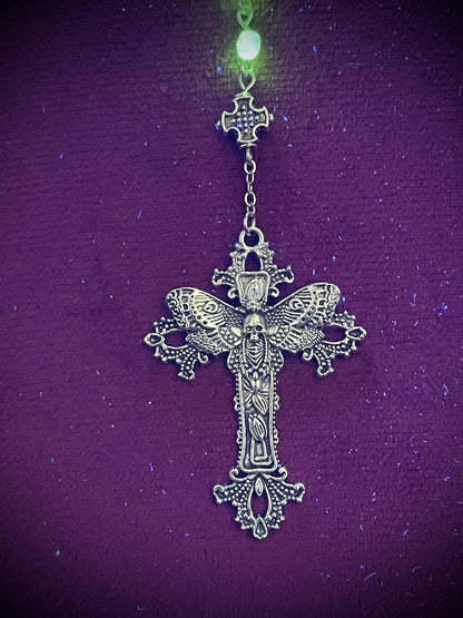Uranium Glass (Moth) Rosary Necklace | Death's-head Hawk-moth Made of Yellow Vaseline Glass | It Glows Under UV Light | 59 Beads Crucifix