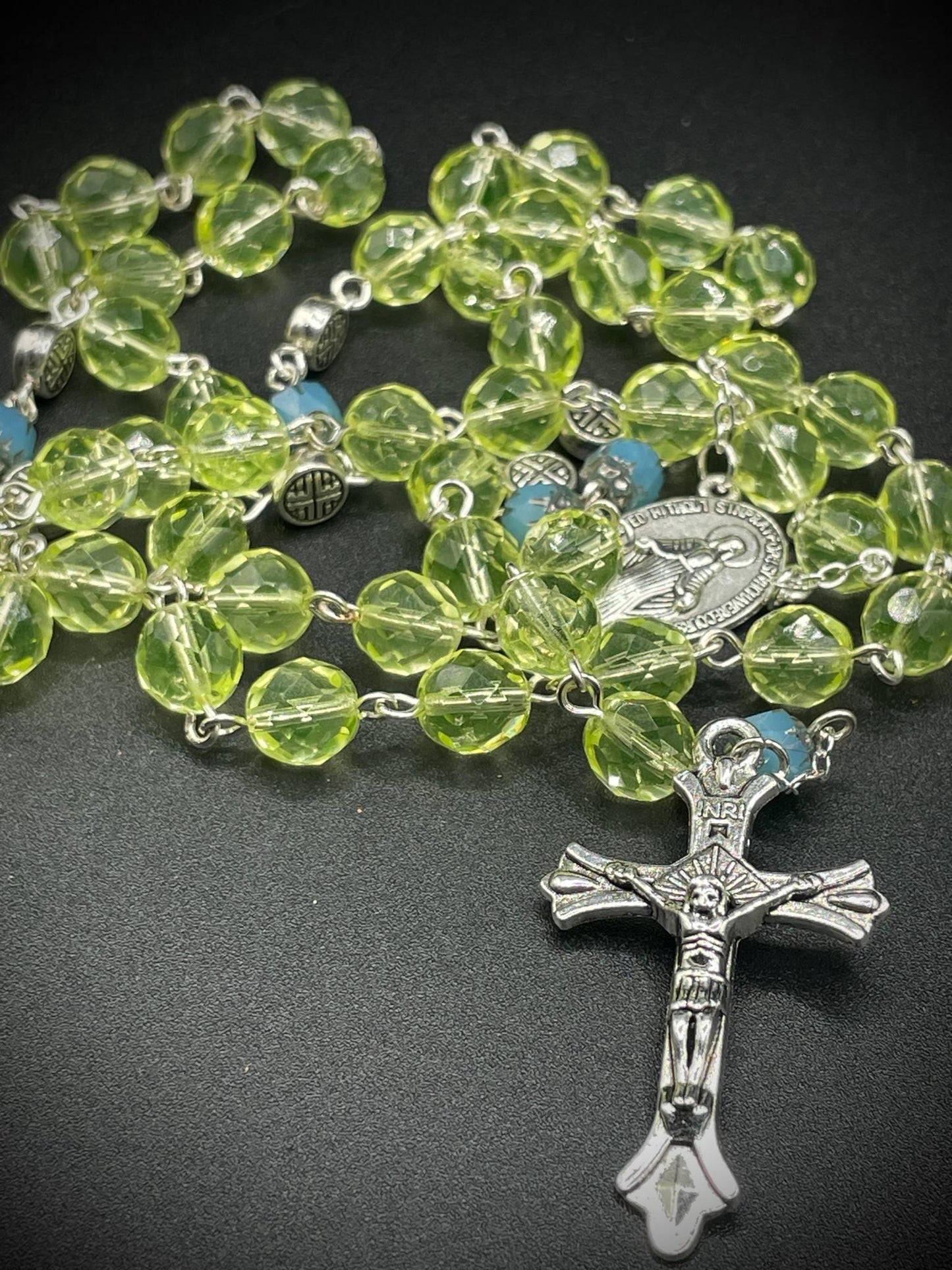 Blue Fire-polished (Uranium Glass) Rosary | Silver Decor Necklace with Virgin Mary Medal | It Glows Under UV Light | Yellow Vaseline Jewelry
