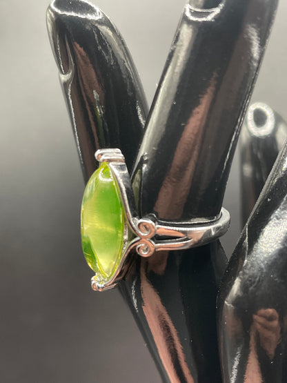 Uranium Glass Long Oval Ring (size 7) | Beautiful Silver Decorative Frame | It Glows Green Under UV Light | Handcrafted Vaseline Glass Jewelry