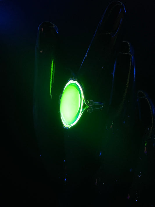 Uranium Glass Long Oval Ring (size 7) | Beautiful Silver Decorative Frame | It Glows Green Under UV Light | Handcrafted Vaseline Glass Jewelry