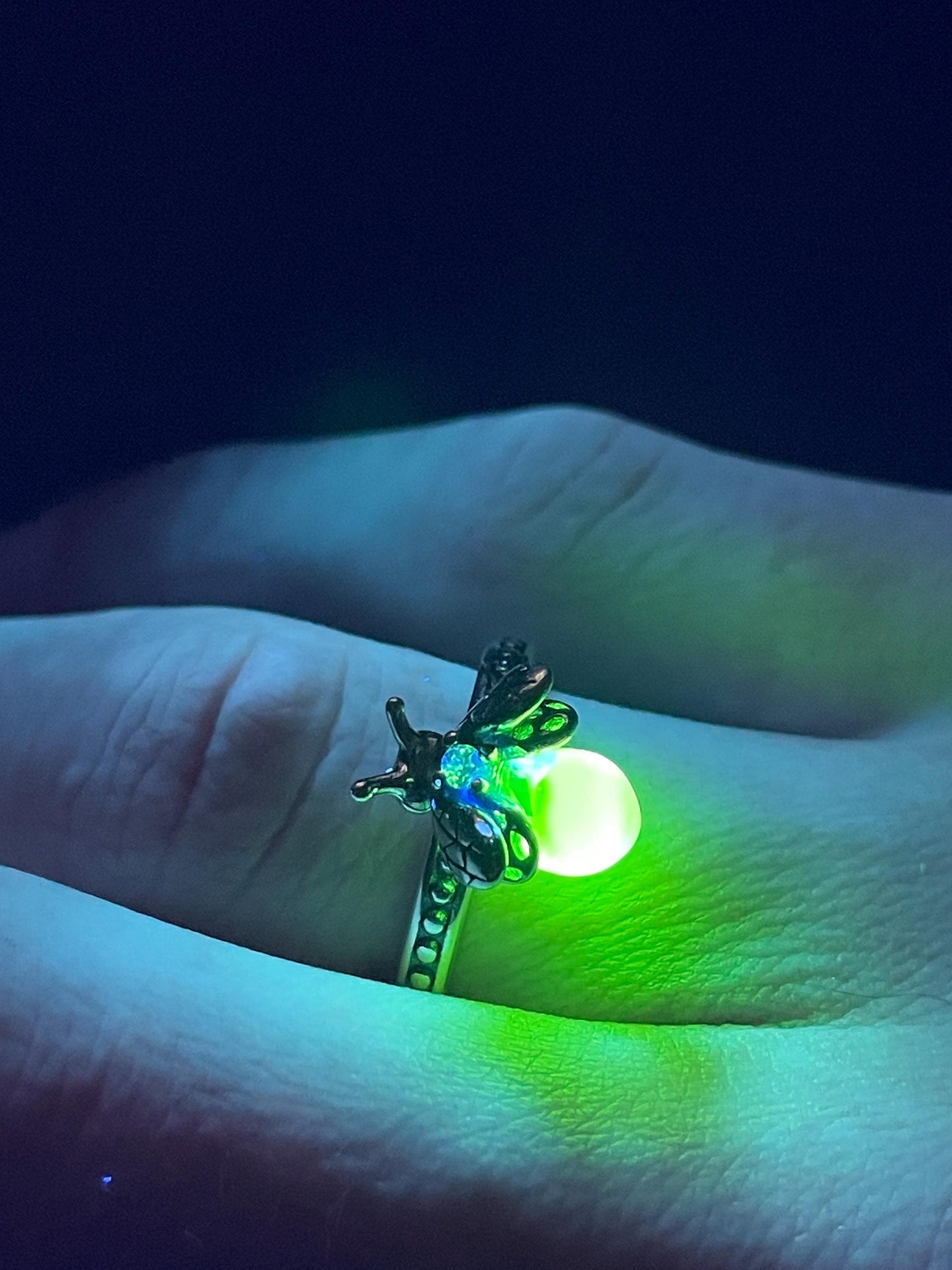 Uranium Glass (Firefly) Ring | Yellow Vaseline Bug Jewelry | It Glows Neon Green Under UV Light | Metallic Glow-In-The-Dark Luminous Insect
