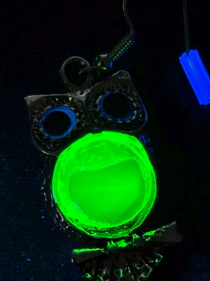 Uranium Glass (Owl) Earrings | UV Glow-In-The-Dark Jewelry | Yellow Vaseline Glass | Includes One Pair