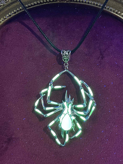 Phosphorous Spider Necklace | Fluorescent Arachnid Animal Pendant | Glows In The Dark | Stainless Steel Halloween Luminous Jewelry