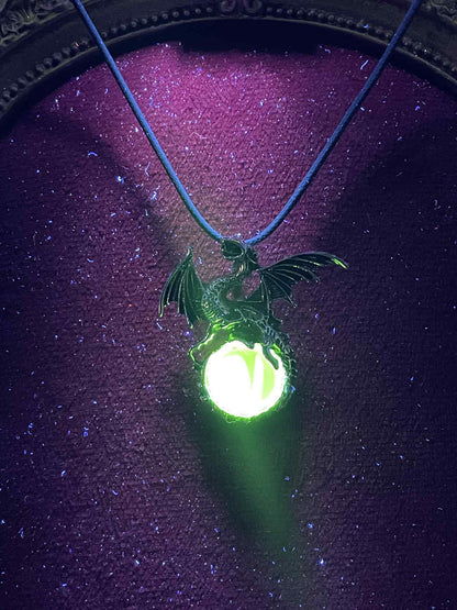 Uranium Glass (Dragon) Necklace | Dark Metal Pendant With Glowing Tail Gem | Luminous Green UV Jewelry | Gothic Fantasy Vaseline Glass
