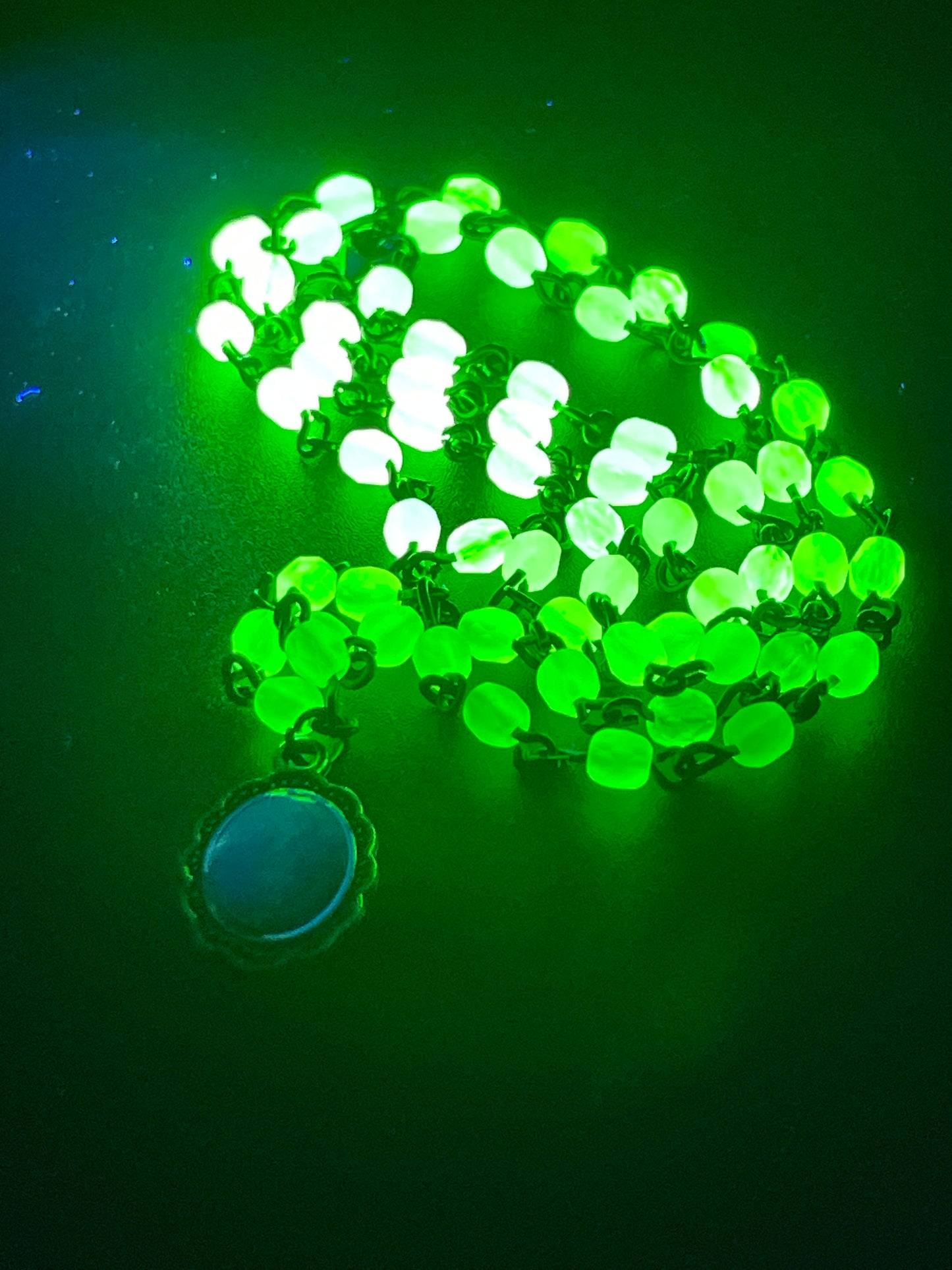 Uranium Glass Pendant Featuring Holy Family | Yellow Vaseline Jesus Christ Necklace | Black Metal Chain With 6mm Green Fire-polished Beads | Glows Under UV Light