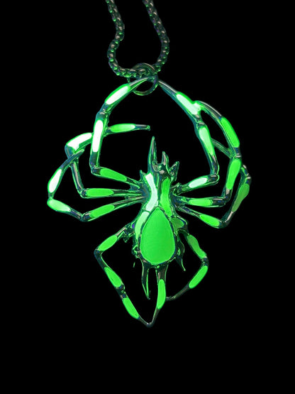 Phosphorous Spider Necklace | Fluorescent Arachnid Animal Pendant | Glows In The Dark | Stainless Steel Halloween Luminous Jewelry