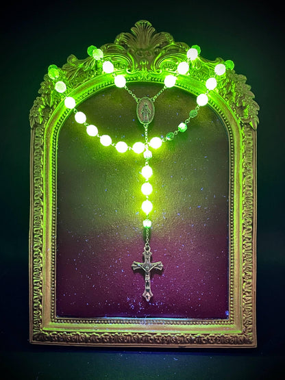 Blue Fire-polished (Uranium Glass) Rosary | Silver Decor Necklace with Virgin Mary Medal | It Glows Under UV Light | Yellow Vaseline Jewelry