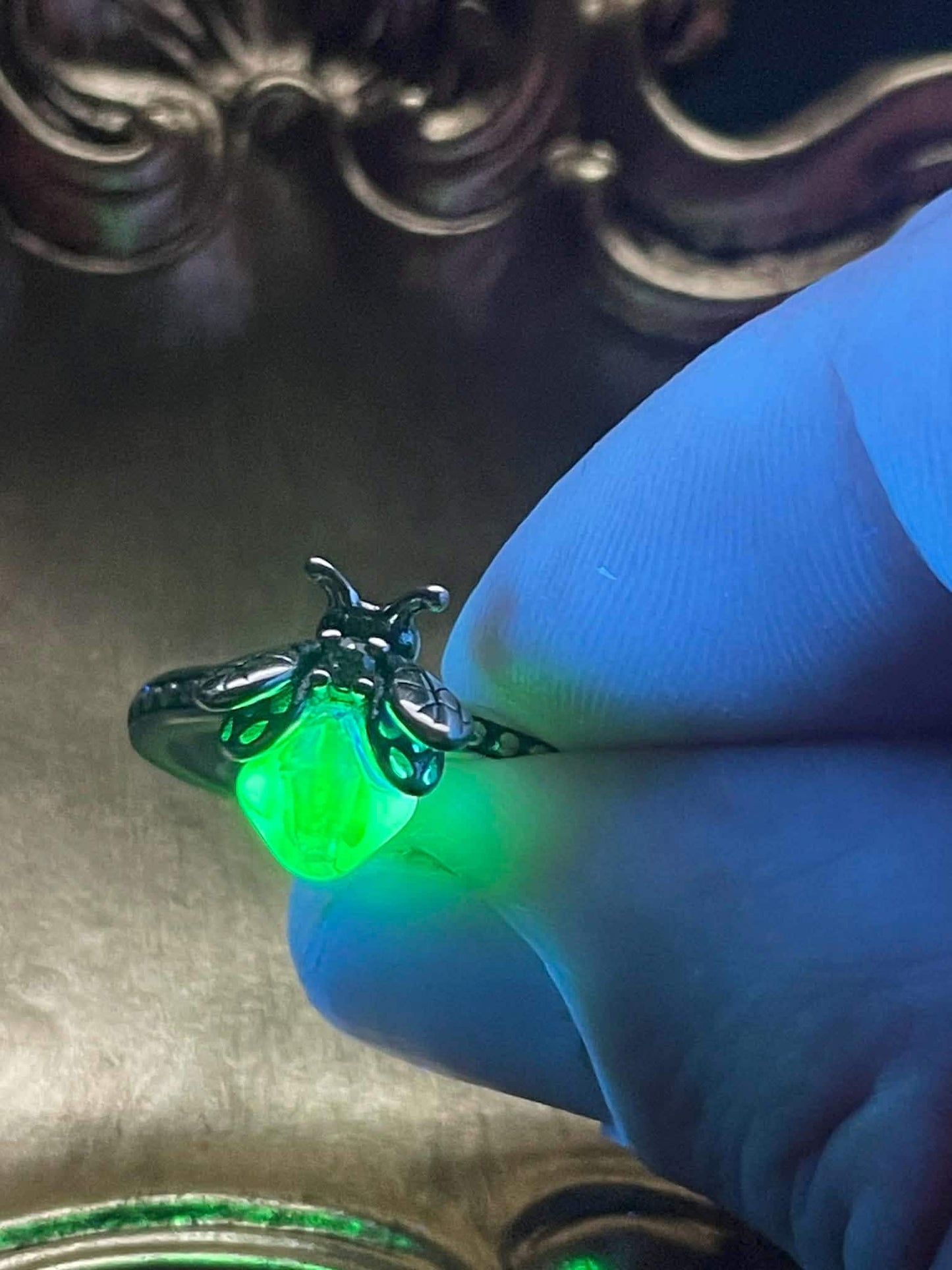 Uranium Glass (Firefly) Ring | Yellow Vaseline Bug Jewelry | It Glows Neon Green Under UV Light | Metallic Glow-In-The-Dark Luminous Insect