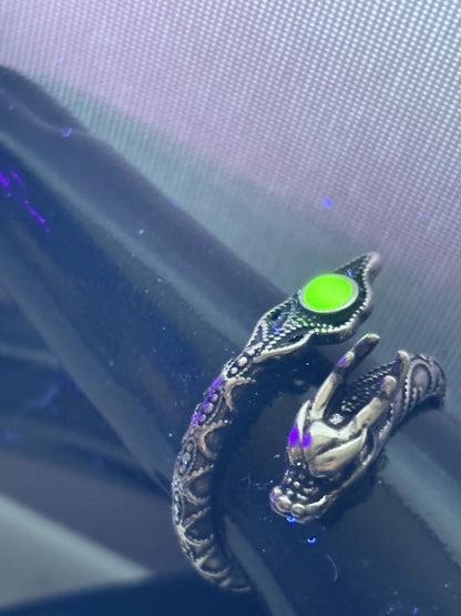 Uranium Glass (Dragon) Ring (Adjustable Size) | Yellow Vaseline Glass With Sterling Silver 925 Frame | Glows Under UV Light