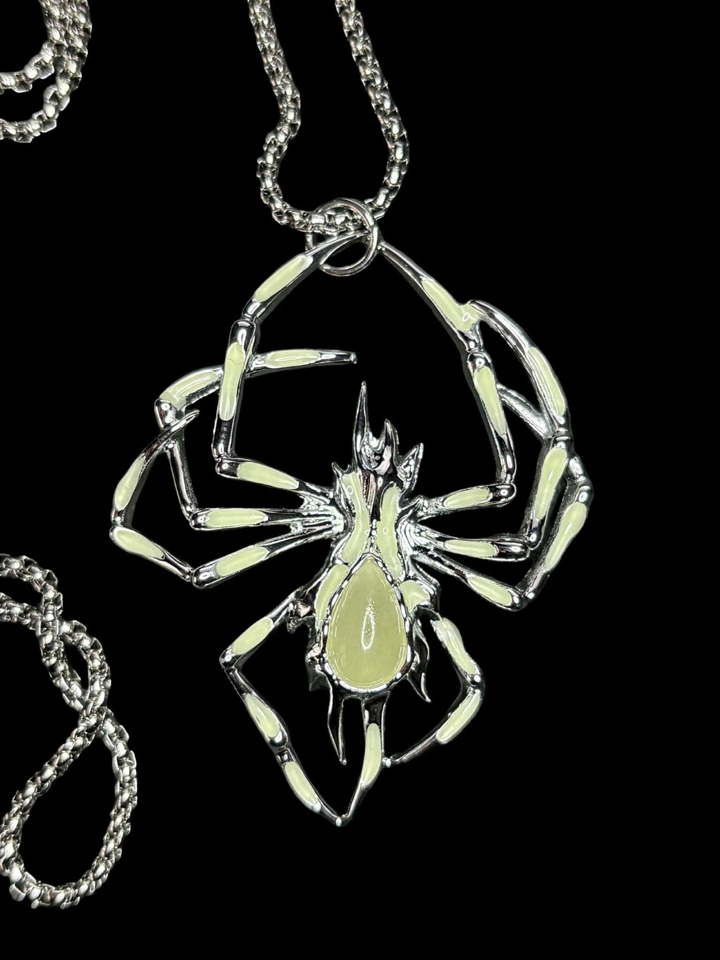 Phosphorous Spider Necklace | Fluorescent Arachnid Animal Pendant | Glows In The Dark | Stainless Steel Halloween Luminous Jewelry