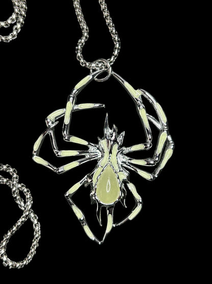 Phosphorous Spider Necklace | Fluorescent Arachnid Animal Pendant | Glows In The Dark | Stainless Steel Halloween Luminous Jewelry