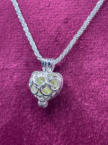 Silver Heart-shape Locket From Uranium Glass | Green UV Glowing Vaseline Glass Stone Inside The Pendant | Strong Silver Braided Chain