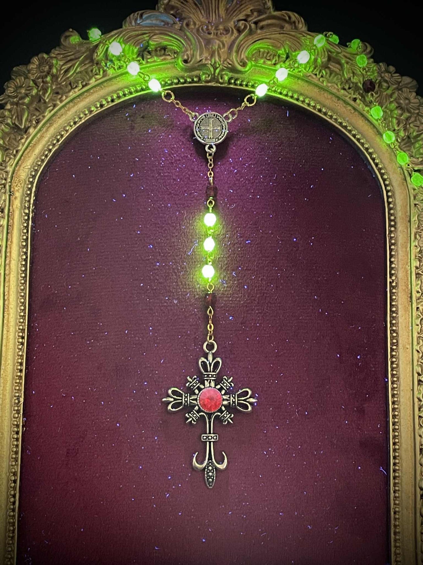 Uranium Glass (Crimson-Red) Gothic Rosary | Dark Witchy Necklace From Yellow Vaseline Glass | Glows Under UV Light | 4mm Fire-Polished Beads