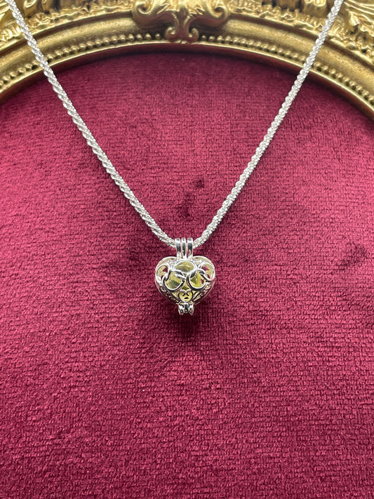 Silver Heart-shape Locket From Uranium Glass | Green UV Glowing Vaseline Glass Stone Inside The Pendant | Strong Silver Braided Chain