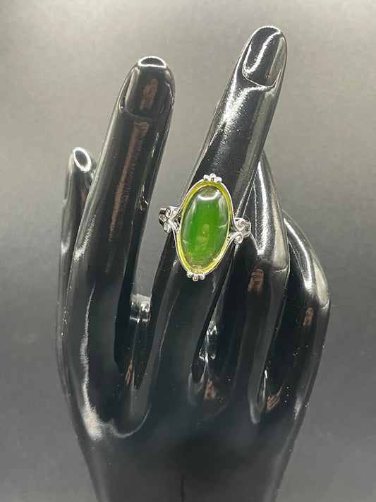 Uranium Glass Long Oval Ring (size 7) | Beautiful Silver Decorative Frame | It Glows Green Under UV Light | Handcrafted Vaseline Glass Jewelry