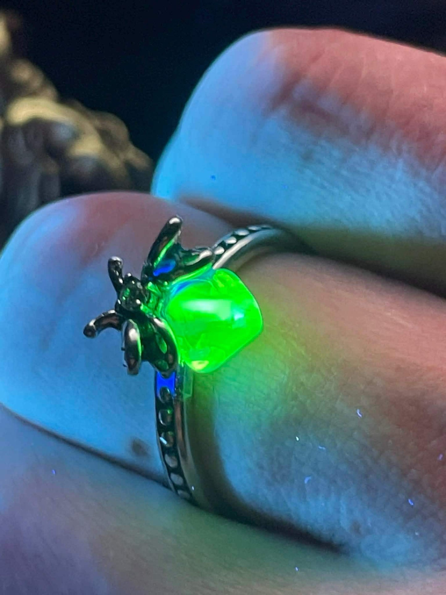 Uranium Glass (Firefly) Ring | Yellow Vaseline Bug Jewelry | It Glows Neon Green Under UV Light | Metallic Glow-In-The-Dark Luminous Insect