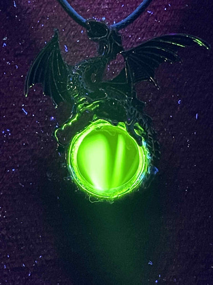 Uranium Glass (Dragon) Necklace | Dark Metal Pendant With Glowing Tail Gem | Luminous Green UV Jewelry | Gothic Fantasy Vaseline Glass