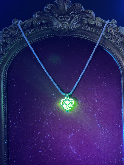 Silver Heart-shape Locket From Uranium Glass | Green UV Glowing Vaseline Glass Stone Inside The Pendant | Strong Silver Braided Chain