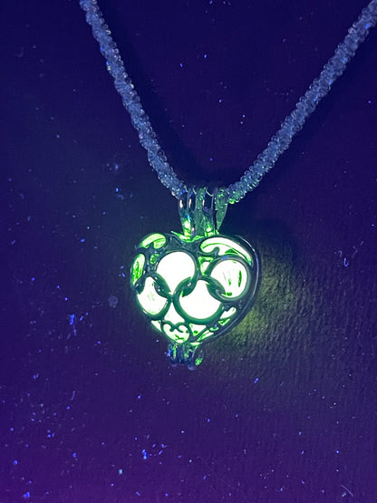 Silver Heart-shape Locket From Uranium Glass | Green UV Glowing Vaseline Glass Stone Inside The Pendant | Strong Silver Braided Chain