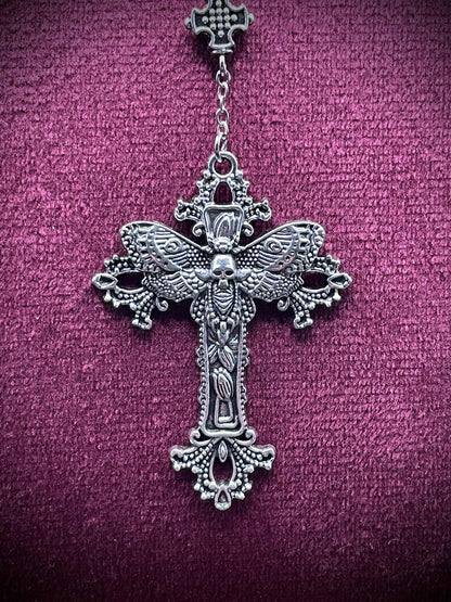 Uranium Glass (Moth) Rosary Necklace | Death's-head Hawk-moth Made of Yellow Vaseline Glass | It Glows Under UV Light | 59 Beads Crucifix