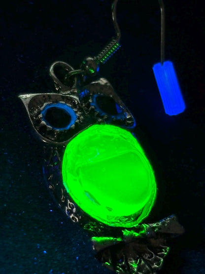 Uranium Glass (Owl) Earrings | UV Glow-In-The-Dark Jewelry | Yellow Vaseline Glass | Includes One Pair