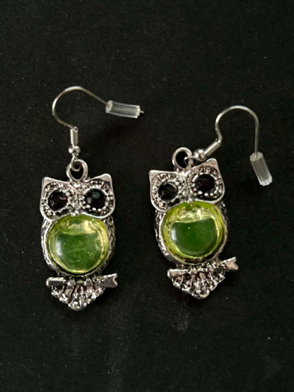 Uranium Glass (Owl) Earrings | UV Glow-In-The-Dark Jewelry | Yellow Vaseline Glass | Includes One Pair