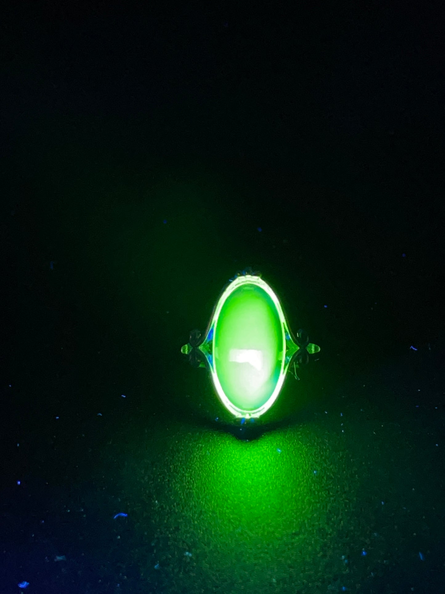 Uranium Glass Long Oval Ring (size 7) | Beautiful Silver Decorative Frame | It Glows Green Under UV Light | Handcrafted Vaseline Glass Jewelry